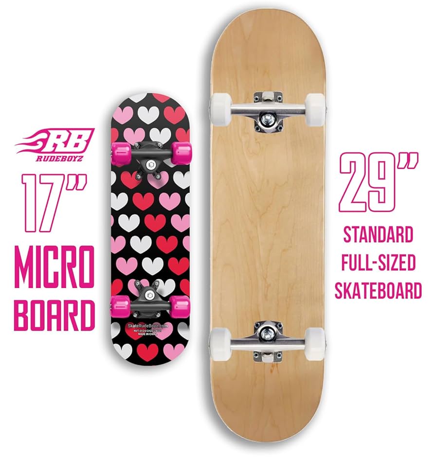 RUDEBOYS 17 Inch Mini Wooden Beginner Skateboard (Hearts